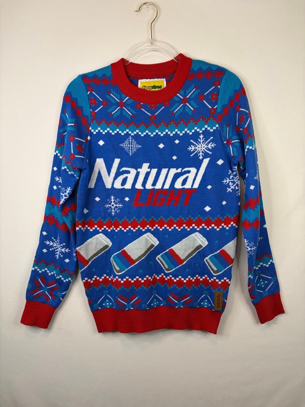 Tipsy Elves Natural Light Ugly Christmas Sweater Small Blue Light Beer